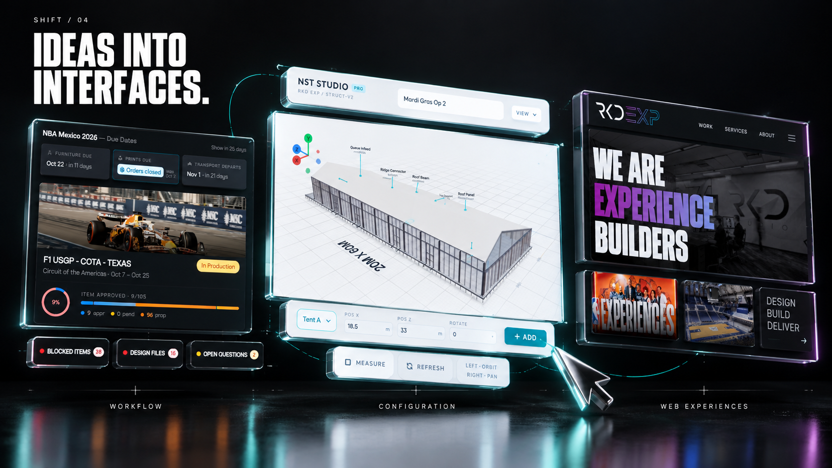 Digital interface assembly concept: Project Flow workflow cards, NST CAD configuration tools and RKD website layouts